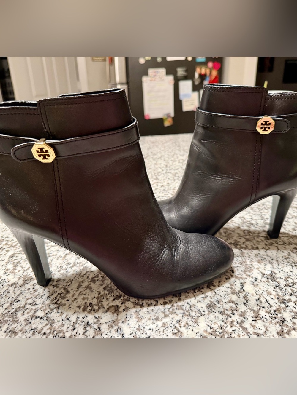 Tory Burch Black Leather Ankle Booties with Gold Logo